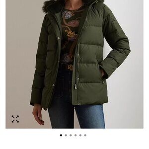 Ralph Lauren Olive Green Puffer Coat with Faux Fur Hood